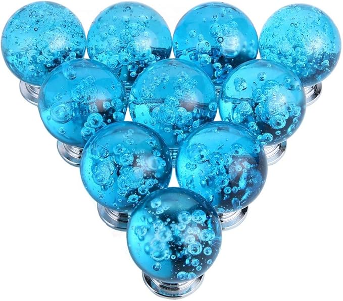 IEIK10 PCS Crystal Cabinet Knobs Azure Blue Round Glass Bubbles Knobs Smooth Drawer Pulls Handle for Home, Cabinet, Drawer and Dresser with 3 Different Size Screws, 30MM (Aqua Blue)