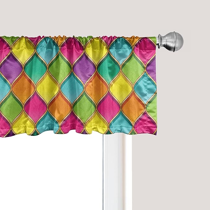 Ambesonne Geometric Window Valance Pack of 2, Vivid Colored Stained Glass Style Pattern Wavy Lines Curves Oval Shapes Modern, Rod Pocket Curtain Valances for Kitchen Bedroom, 54" X 18", Multicolor