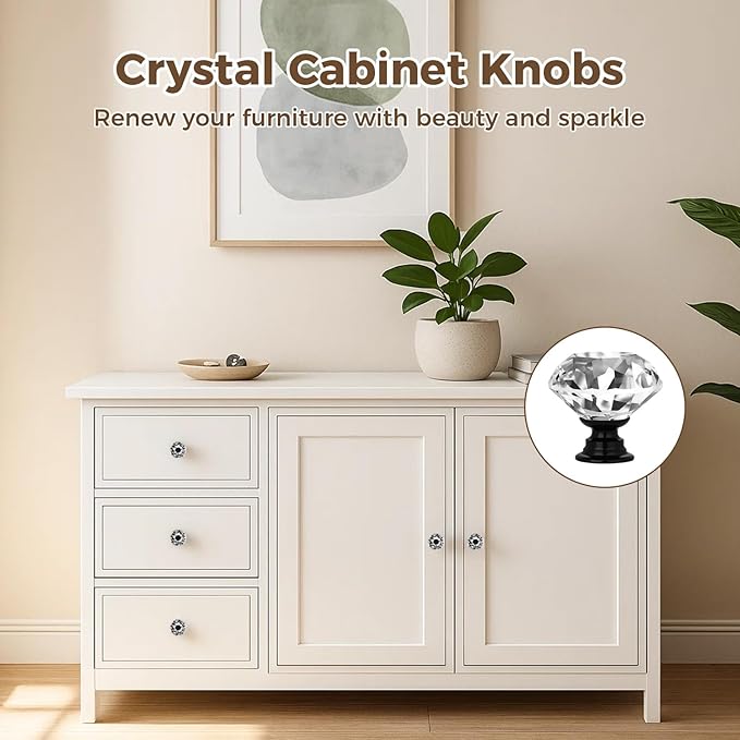 DEELF 12 Packs Kitchen Cabinet Knobs, 40 mm Crystal Cabinet Knobs, Diamond Dresser Handle Drawer Pulls, Dresser Knobs for Cabinets and Drawers, Black Base