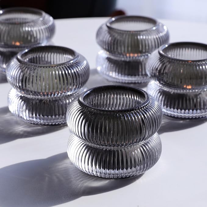 Woho Smoke Grey Ribbed Votive Candle Holder Set of 12, Vintage Tea Lights Candle Holder for Halloween Decorations, Glass Tealight Candle Holders for Holiday Party/Home Decor (Grey, 2.1" H X 2.75" D)