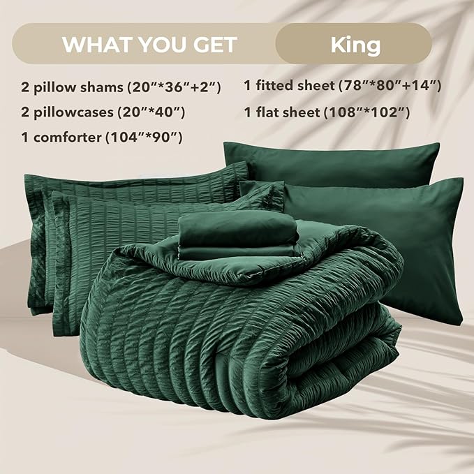 HYMOKEGE Emerald Green King Size Comforter Set Seersucker 7 Pieces, All Season Luxury Bed in a Bag for Bedroom, Bedding Set with Comforter, Sheets, Pillowcases & Shams