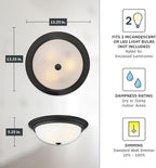 DESIGNERS FOUNTAIN Reedley 2-Lights Flush Mount Ceiling Light, 13 Inch Lighting Fixture for Kitchen, Bedroom, Bathroom, and Hallway, Matte Black with Etched Glass, 1257M-MB-W