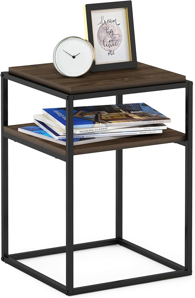 Furinno Simplistic End Side Night Stand/Bedside Table with Stainless Steel Tubes, Stackable Metal Frame, Columbia Walnut