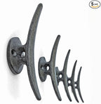 5 Pack Decorative Cast Iron Heavy Duty Double Hooks, Wall Mounted Coat Hooks, Vintage Inspired (Antique Black) (Mooring Type)