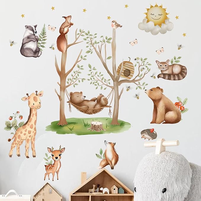 Jungle Animal Wall Stickers Forest Safari Wall Decals Kid Room Nursery Baby Bedroom Décor (Bear Swing)