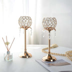 Crystal Tea Light Candlestick Holders Flower Shape with Crystal Pendant Bowl Votive Metal Candle Holder for Table Centerpieces Wedding Home Decor (Set of 2 high, Gold)