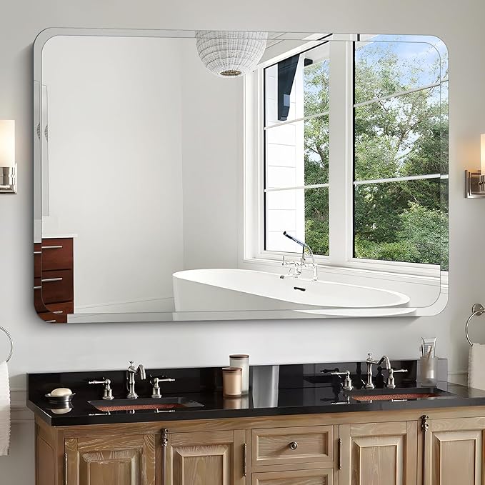 Frameless Bathroom Mirror for Over Sink,Wall Mounted Vanity Mirrors 16x24in,Rounded Rectangle Mirror Frameless with Polished Edge for Bedroom,Living Room,Entryway,Shatterproof (Horizontal/Vertical)