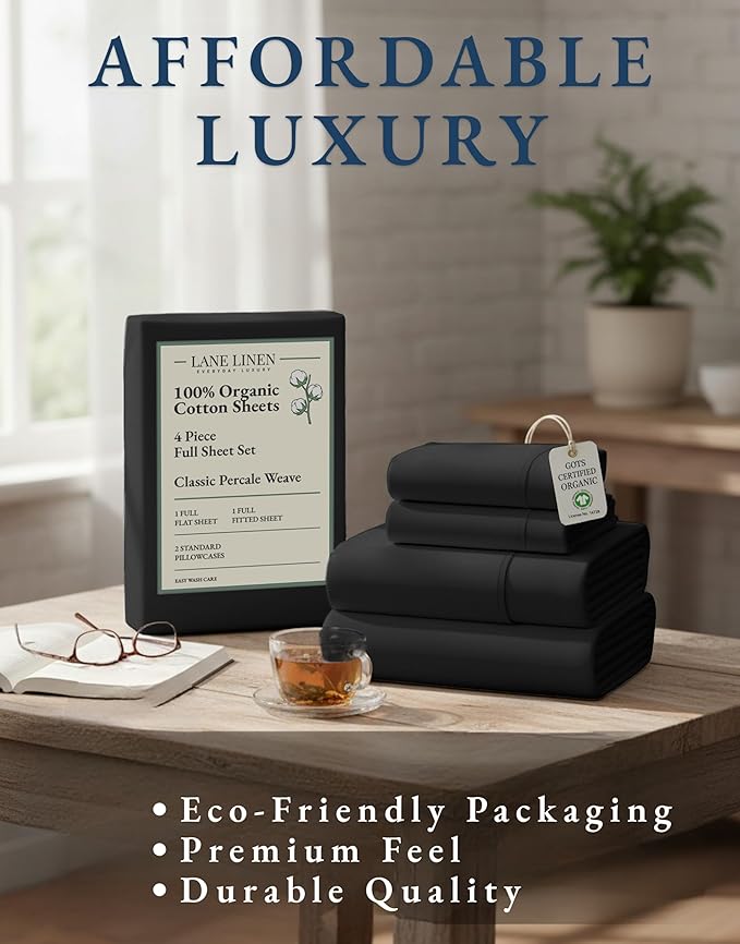 LANE LINEN 100% Organic Cotton Full Sheets Set, 4-Piece Pure Organic Cotton Percale Sheets, Long Staple Cotton Sheet, Ultra Soft Bedding Sheet, Breathable,Fits Mattress Upto 15" Deep - Black