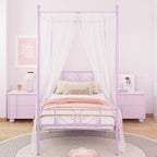Weehom Twin Canopy Bed Frame with Headboard and Footboard, 4 Posters Metal Bed Frame, No Box Spring Needed, Mattress Foundation Platform Bed for Kids and Adults, Purple
