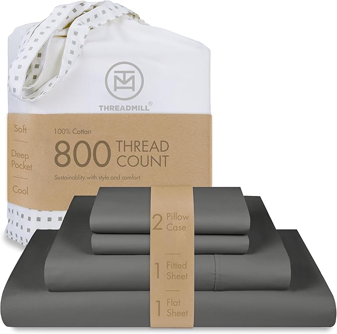 Threadmill Luxury 800 Thread Count California King 100% Cotton Sheets - Dark Grey Sateen Weave Bed-Sheets, Better Than Egyptian Cotton,4 Pc Solid Bedding Set, Fits 16" Deep Pocket