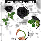 Ouddy Decor 50 Pcs Artificial Black Roses Bulk Realistic Fake Silk Flowers with Long Stems for Fall Halloween Wedding Bridal Bouquet DIY Table Centerpieces Arrangement Valentines Home Decor