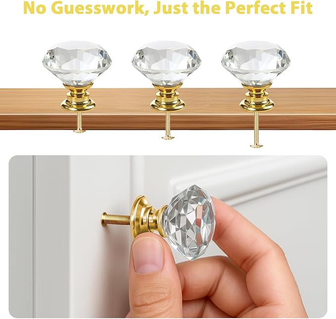 DEELF 30 Packs Kitchen Cabinet Knobs, 30 mm Crystal Cabinet Knobs, Diamond Dresser Handle Drawer Pulls, Dresser Knobs for Cabinets and Drawers, Gold Base