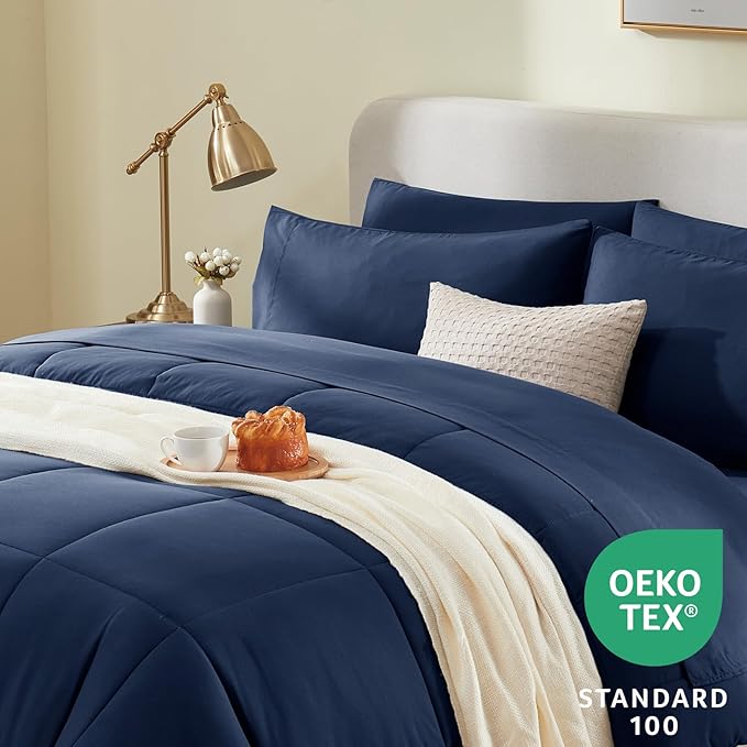 CozyLux Queen Comforter Set Navy Blue, 7 Pieces Bed in a Bag, Blue Comforter Queen Size, All Season Bedding Sets with Stitch Quilted Comforter, Flat Sheet, Fitted Sheet, Pillowcases