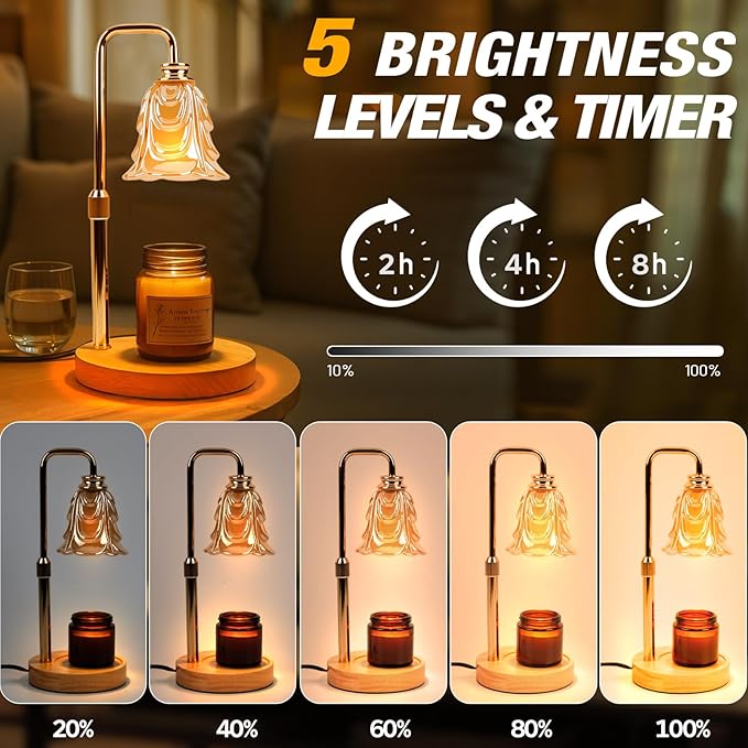 Candle Warmer Lamp with Timer and Dimmer, Electric Wax Warmers for Scented Candles with 5 Brightness Settings, Anti-Glare Lamp with Adjustable Height, Home Decor, Gift for Christmas, Birthday