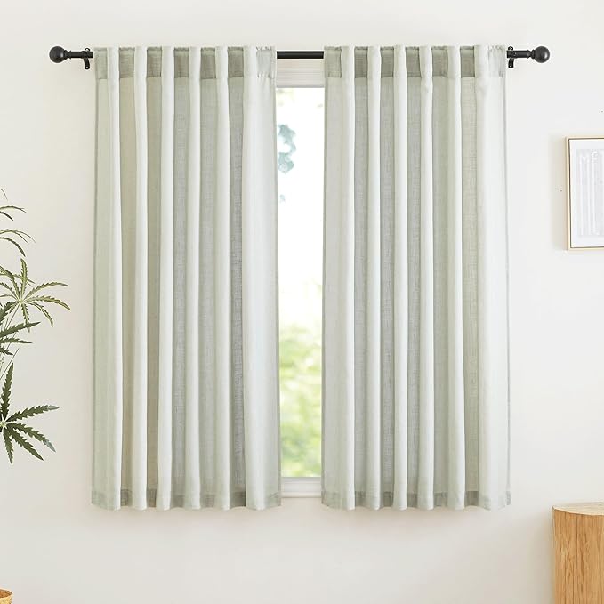 RYB HOME Linen Kitchen Curtains - Back Tab Natural Soft Texture Light Filtering Half Privacy Semi Sheer for Living Room Doorway Home Office, W 52 x L 36 inch, 2 Pcs, Sage Green