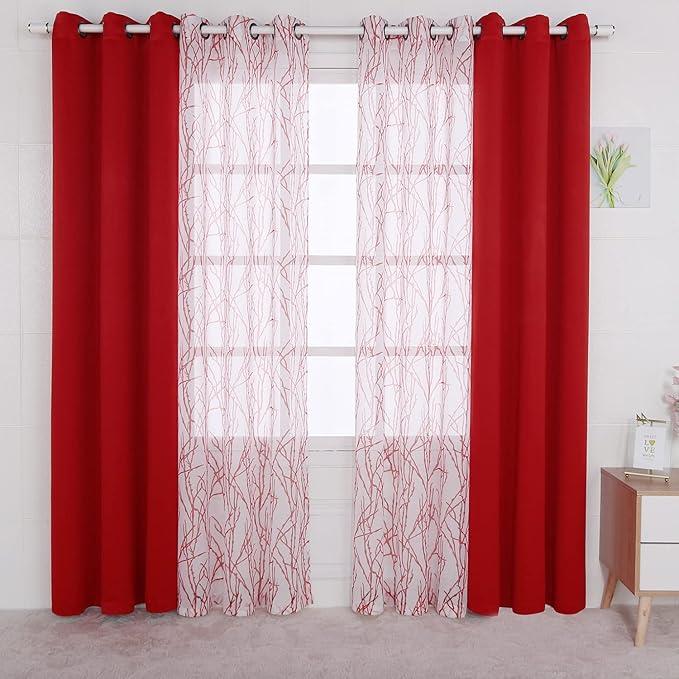 BONZER Mix and Match Curtains - 2 Pieces Branch Print Sheer Curtains and 2 Pieces Blackout Curtains for Bedroom Living Room Grommet Window Drapes, 37x95 Inch/Panel, Red, Set of 4 Panels
