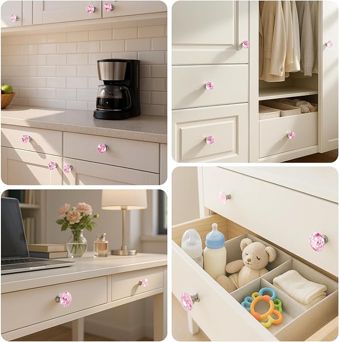 DEELF 25 Packs Kitchen Cabinet Knobs, 30 mm Crystal Cabinet Knobs, Diamond Dresser Handle Drawer Pulls, Dresser Knobs for Cabinets and Drawers, Pink