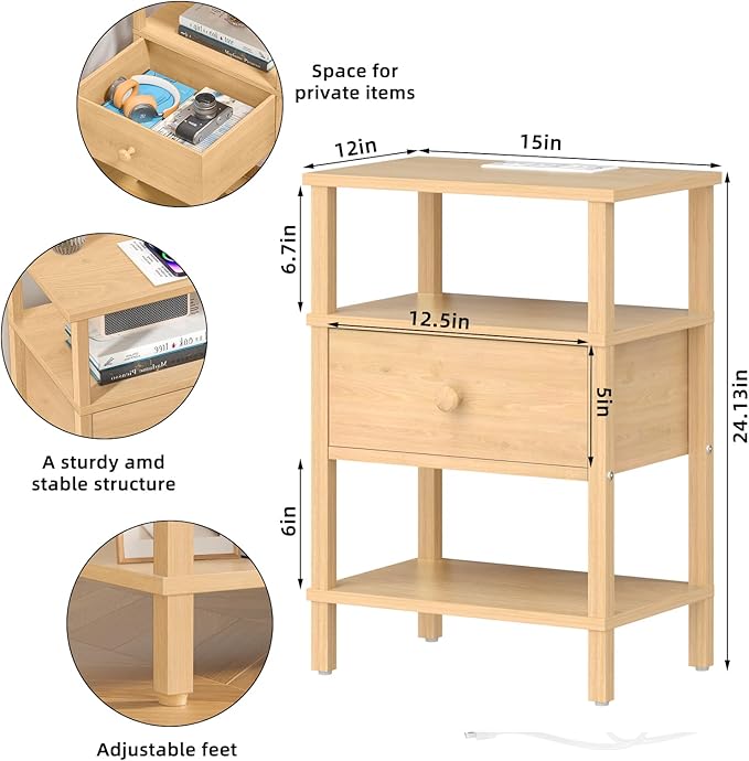 Lerliuo Nightstand Set of 2 with Charging Station and USB Ports, 3-Tier Storage End Table with Drawer Shelf, Night Stand for Small Spaces, Wood Bedside Table for Living Room, Bedroom - Natural Wood