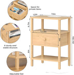 Lerliuo Nightstand with Charging Station and USB Ports, 3-Tier Storage End Table with Drawer Shelf, Night Stand for Small Spaces, Wood Bedside Table for Living Room, Bedroom - Natural Wood