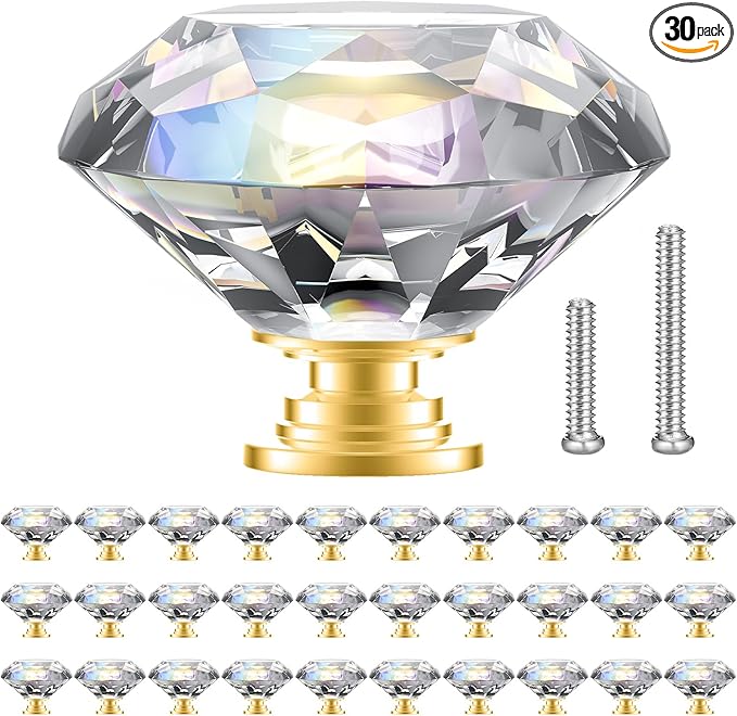 POZEAN Crystal Cabinet Knobs 30Pack, 1.57inch Dresser Knobs for Cabinet, Drawer with Two Different Sizes Screws, Diamond Glass Pulls Handles (40mm, 30Pack, Clear-Gold)