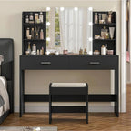usikey Vanity Desk with Mirror and Lights, Vanity Makeup Table Set with 2 Drawers & 6 Open Shelves, Makeup Vanity Desk Dressing Table with Cushioned Stool, Black