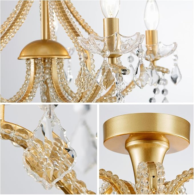 WUZUPS 5-Light Crystal Candle Chandelier Flushmount Ceiling Light Modern Lighting Fixture for Bedroom Hallway Bar Kitchen Bathroom, H 20.9" W 22", E12 Base, Gold