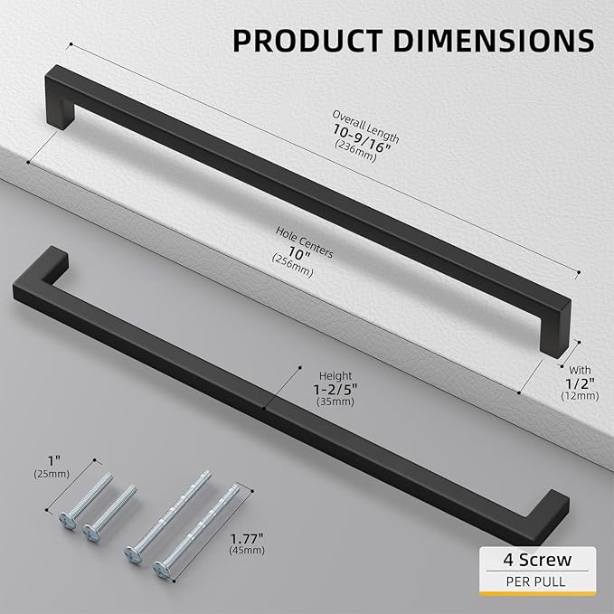 goldenwarm 35 Pack 10 Inch Black Cabinet Handles Matte Black Drawer Pulls Stainless Steel Cabinets Hardware Square Bar Modern for Kitchen Bathroom Cupboard