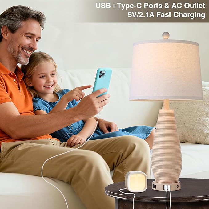 Farmhouse Table Lamps Set of 2 with USB C+A Ports and AC Outlet, 3 Way Touch Rustic Bedside Lamps for Living Room, 26.5" Cream Vintage Lamps for Bedroom Nightstand