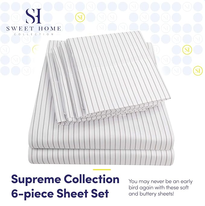 King Size Bed Sheets - 6 Piece 1500 Supreme Collection Fine Brushed Microfiber Deep Pocket King Sheet Set Bedding - 2 Extra Pillow Cases, Great Value, King, Pinstripe White