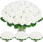 BLEUM CADE 100 Pcs White Roses Artificial Flowers, Real Touch Velvet Roses Fake Flowers Bulk, Artificial Roses Bouquet with Long Stems Bridal DIY Wedding Party Centerpiece Decorations