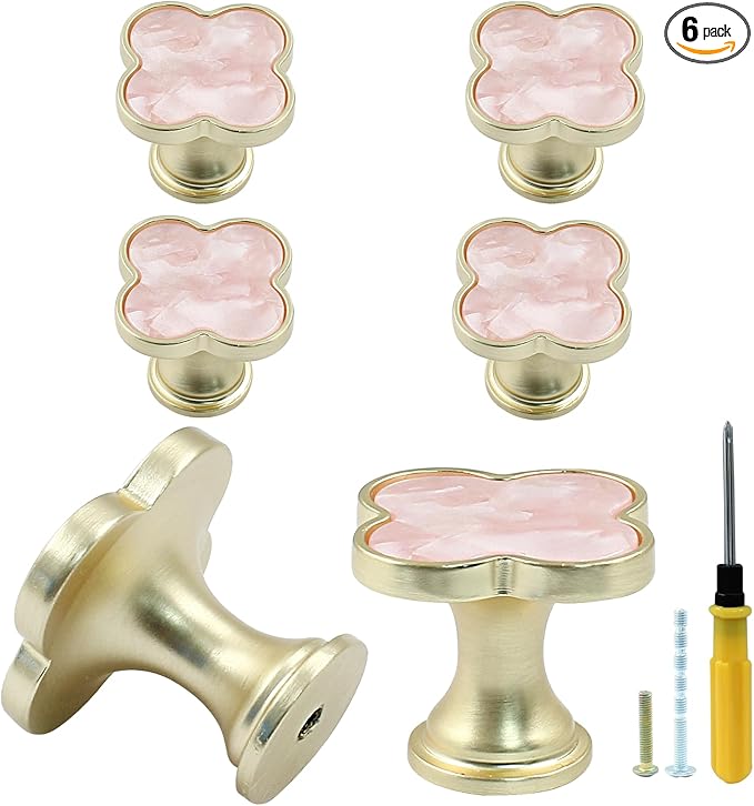 6 Pcs Four-Leaf Drawer Pulls Knobs, Gold Dresser Cabinet Knobs Pulls for Kitchen Cabinet Cupboard Door Furniture Decorative, Pink