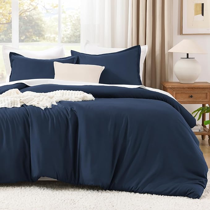 Litanika Navy Blue Comforter Set Queen Size, 3 Pieces Lightweight Solid Bedding Comforter Set, All Season Fluffy Bed Set (90x90In Comforter & 2 Pillowcases)