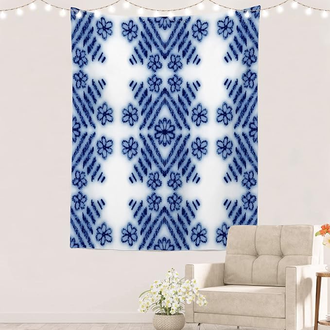 Batmerry Blue Art Flower Tapestry,Blue White Ceramic Glaze Tie Dye Wall Art Hanging Decoration Polyester Fiber White Ruffled Around for Dorm Room Bedroom Living Room, 82.7x59.1 inches