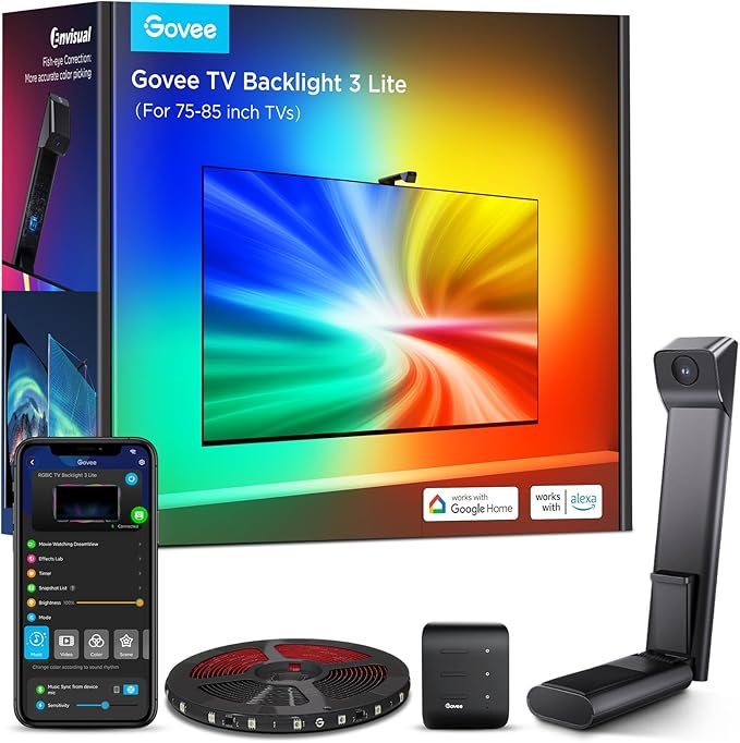 Govee TV Backlight 3 Lite with Fish-Eye Correction Function Sync to 75-85 Inch TVs, 16.4ft RGBICW Wi-Fi LED Strip Lights with Camera, 4 Colors in 1 Lamp Bead, Voice and APP Control, Adapter