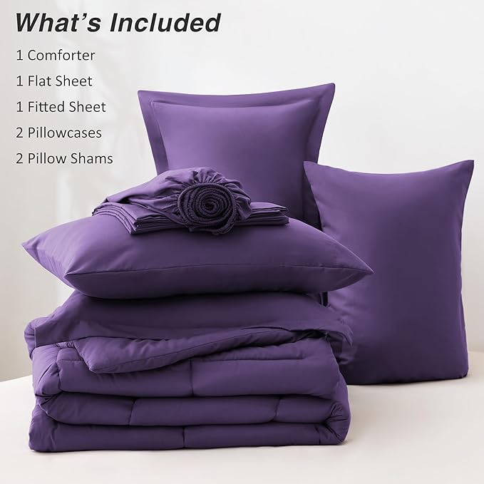 Love's cabin King Size Comforter Set Dark Purple, 7 Pieces King Bed in a Bag, All Season Bedding Sets with 1 Comforter, 1 Flat Sheet, 1 Fitted Sheet, 2 Pillowcase and 2 Pillow Sham