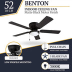 Prominence Home Benton Traditional 52 Inch Ceiling Fan with Light, LED Flush Mount Ceiling Fan, Indoor Fan with 5 Blades, Matte Black and Gray Cedar Blade Finish Options, Matte Black (50853-01)
