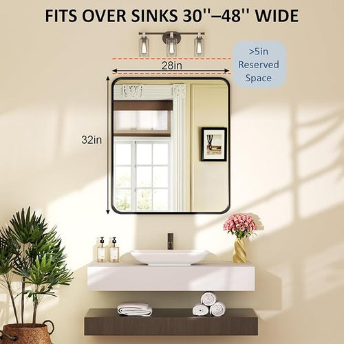 28×32 Black Frame Mirror for Over Sink - Rectangular Decorative Bathroom Mirrors with Rounded Corners & Aluminium Frame, Tempered-Glass, Restroom, Entryway, Wall, Vanity