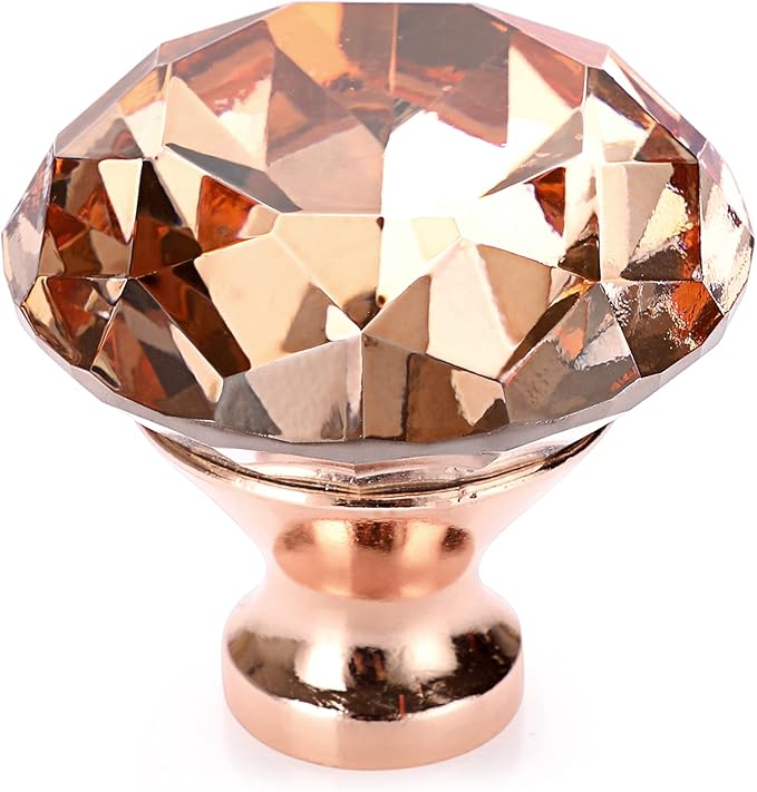 JUXYES 8 Pack 40mm Glass Crystal Cabinet Handles Knobs, Rose Gold Diamond Glass Handle Decorative Drawer Knob Modern Cupboard Door Handle Knobs for Dresser Drawer Cabinet Closet