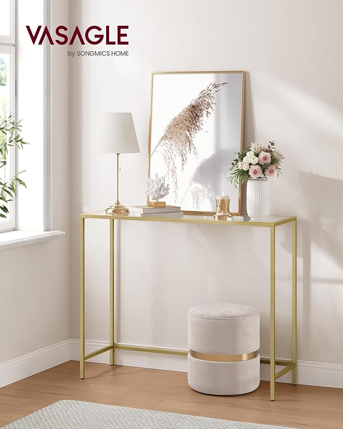 VASAGLE Entryway Table, Console Table, Tempered Glass Tabletop, Modern Sofa Table, Easy Assembly, with Adjustable Feet, for Living Room, Entryway, Pale Gold and Transparent ULGT132A01