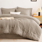CozyLux King Size Comforter Set Khaki Seersucker 7 Pieces Bed in a Bag King Comforter Set with Sheets, Luxury Soft Bedding Set with Down Alternative Comforter, Sheets, Pillowcases & Shams All Seasons
