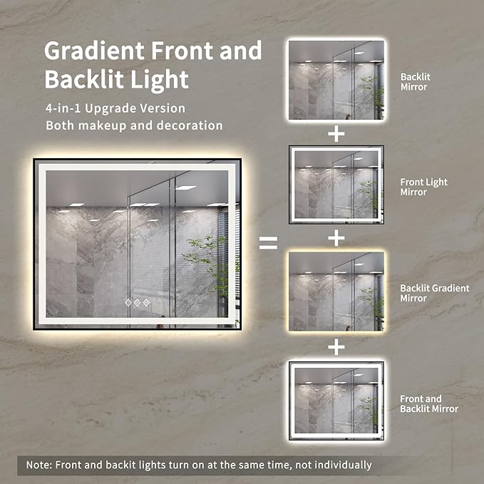 Bathroom Mirror Frame, 48x40 Inch Black Framed Gradient Front and Backlit LED Bathroom Mirror, 3 Colors Dimmable CRI>90, IP54 Enhanced Anti-Fog Wall Mounted LED Mirror