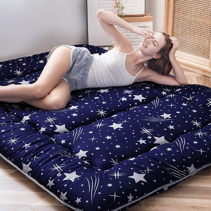 MAXYOYO Navy Starry Sky Japanese Floor Futon Mattress, Tatami Floor Mat Portable Camping Mattress Kids Sleeping Pad Foldable Rolling Up Floor Lounger Couch Bed Queen with Mattress Protector Cover