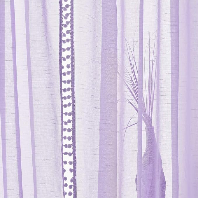 Treatmentex Pom Pom Sheer Curtains for Bedroom 95inches Long Linen Textured Window Voile Drapes Lilac Rod Pocket 1 Pair