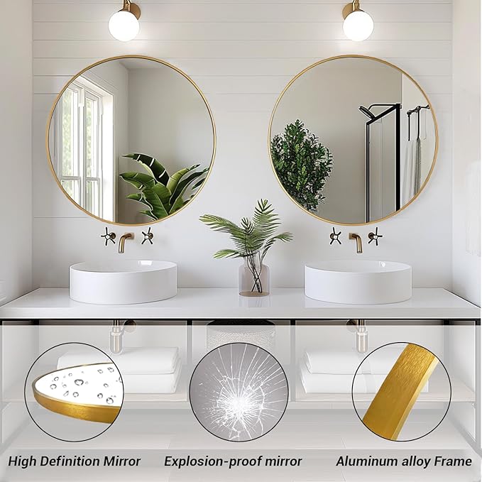 Gold Round Mirror 30 inch, Large Circle Mirror, Round Wall Mirror Metal Frame, Gold Circle Mirrors for Wall, Bathroom, Living Room, Hallway.
