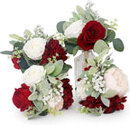 Artificial Flowers Bridesmaid Bouquets - Set of 4 Bridesmaid Bouquet Burgundy White Handmade Silk Floral Bouquet for Wedding Ceremony Anniversary, Bridal Shower, Home Table Decorations
