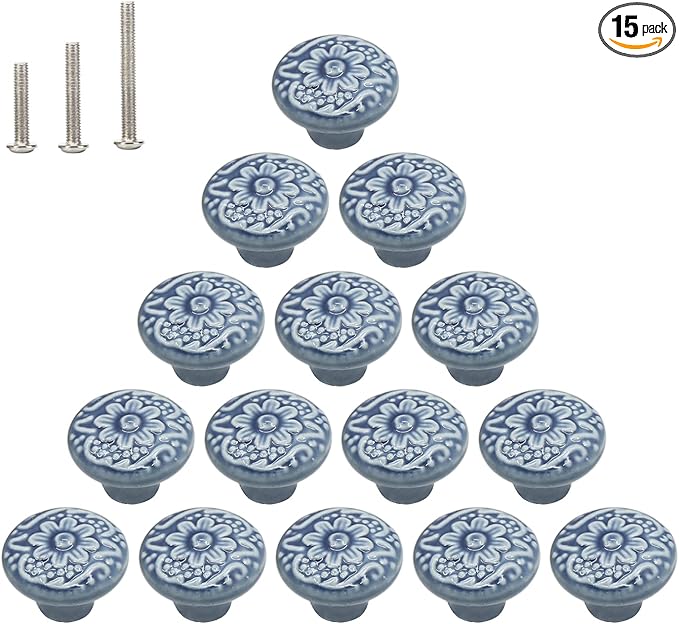 HUAMULAN 15 PCS Cabinet Knobs Glossy Ceramic Dresser Mushroom Table Drawer Cupboard Pull Furniture DIY Wardrobe Solid Color Vintage Handle,with 3 Size Mounting Screws