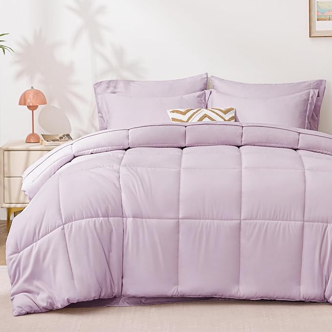 Love's cabin Full Comforter Set Light Purple, 7 Pieces Full Bed in a Bag, All Season Bedding Sets with 1 Comforter, 1 Flat Sheet, 1 Fitted Sheet, 2 Pillowcase and 2 Pillow Sham