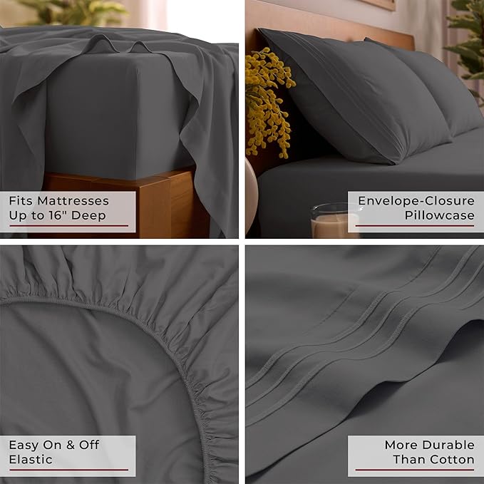Mellanni Full Sheets Set - 4 PC Iconic Collection Bedding - Hotel Luxury, Extra Soft, Cooling Bed Sheets - Wrinkle, Fade, Stain Resistant (Full, Gray)