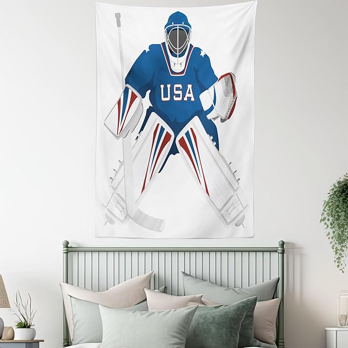 Ambesonne Sports Tapestry, USA Hockey Goalie Protection Jersey Sport Wear Activity Hobby Illustration, Wall Hanging for Bedroom Living Room Dorm Decor, 40" X 60", Burgundy White