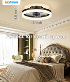 VOLISUN 13 inch Small Ceiling Fans with Lights and Remote, Low Profile Ceiling Fans with Light, 3000K-6500K Dimmable LED Ceiling Light Flush Mount, Bladeless Fandelier Ceiling Fan (Black)